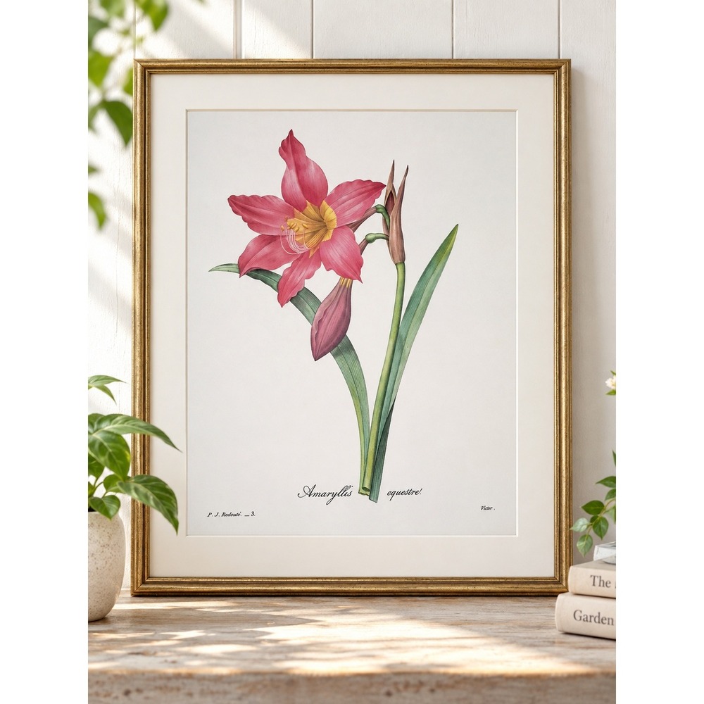 Amaryllis Equestre Redoute Botanical Flower Print Pink Lily Vtg Floral Wall Art
